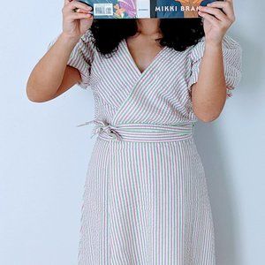 NEW DRAPER JAMES RSVP Pink Green White Striped Seersucker  Sleeve Wrap Dress, XS